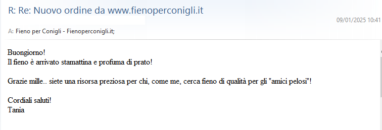Velocità e qualità prodotto - Recensioni dei nostri clienti fienoperconigli.it