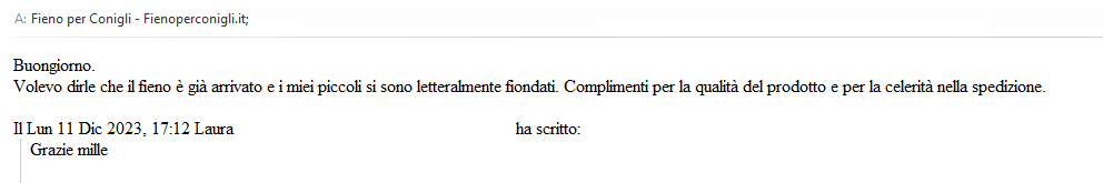 Velocità e qualità prodotto - Recensioni dei nostri clienti fienoperconigli.it