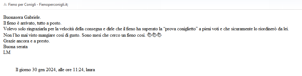 Velocità e qualità prodotto - Recensioni dei nostri clienti fienoperconigli.it